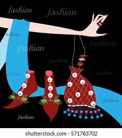 vector illustration in fashion style with a girl hand with ring and red nails holding bag and originally decorated shoes and a blue scarf