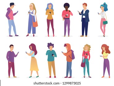 Vector illustration of fashion tiny people speaking phone, using smartphone flat vector illustration. Appearance of modern society, social concept.