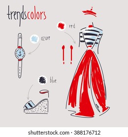 Vector illustration of fashion trends. Bright colors, nautical theme, closet.