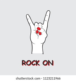 Vector illustration, fashion trendy lettering Rock on, rock'n'roll with hand with nail polish, print for t shirt, music festival logo, poster