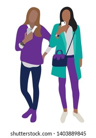 Vector illustration of fashion trendy pretty modern women holding mobile phones. Selfie. Best friends