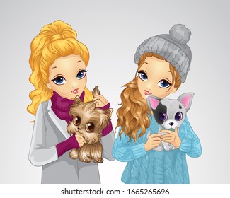 Vector illustration of fashion two girls hold little dogs in their arms