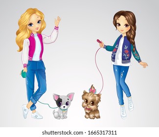 Vector illustration of fashion two girls are walking with cute puppies
