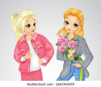 Vector illustration of fashion two girls in spring dresses with flowers