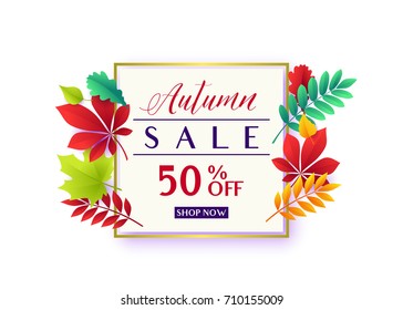 Vector illustration of fashionable autumn sale card template with geometric frame, text sign 50 percent off, falling multicolor leaves oak, rowan, maple, birch, willow, chestnut, ash