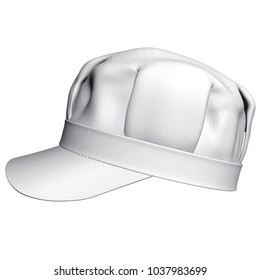 Vector illustration of a fashionable cap with a visor. Design solution. 3D. Different angles. White polygonal cover. Side view.