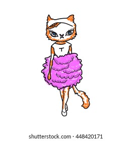 Vector illustration of a fashionable cat in a purple dress. 