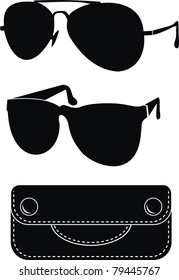 Vector illustration - fashionable classical ("police", "pilot") and sport sunglasses, Black natural leather case. Isolated, white background