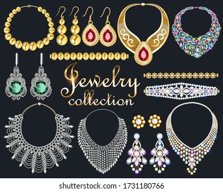 Vector illustration of a fashionable collection of jewelry necklaces, earrings and bracelets.