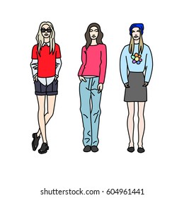 Vector illustration of fashionable dressed girls