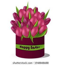 Vector illustration. Fashionable Easter design. Realistic 3d bouquet of purple tulips in a round plum box, purple Easter eggs. Banner, web poster, flyer, stylish brochure, postcard, cover, branding.