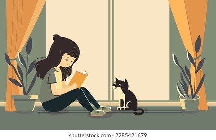 Vector Illustration of Fashionable Girl Character Reading A Book With Cute Cat, Plant Vase And Curtains On Window Background.