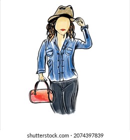 Vector illustration of a fashionable girl in a hat and with a bag, fashion illustration