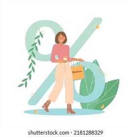 Vector illustration of a fashionable girl with packages from the store. Flat illustrations for summer, spring sale.