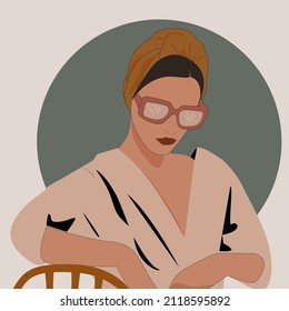 Vector illustration of a fashionable girl in sunglasses and a handkerchief on her head. The summer headdress fits the image of a woman. Suitable for postcards and shootings. headscarf woman