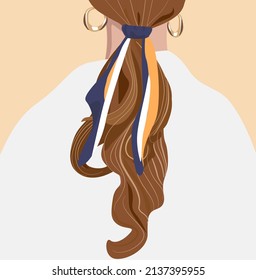 Vector illustration of a fashionable hairstyle of a beautiful girl. The hair is stacked in the tail tied with a handkerchief. Hairstyles with a scarf. 