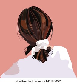 Vector illustration of a fashionable hairstyle of a beautiful girl. The hair is stacked in the tail tied with a handkerchief. Hairstyles with a scarf. 