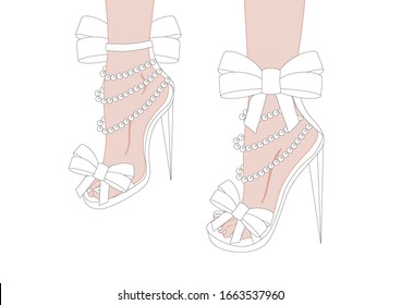 Vector illustration of fashionable high heels shoes. Fashion illustration. Pattern for coloring book. 