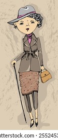 vector illustration of fashionable sad girl in a hat with a bag and stick