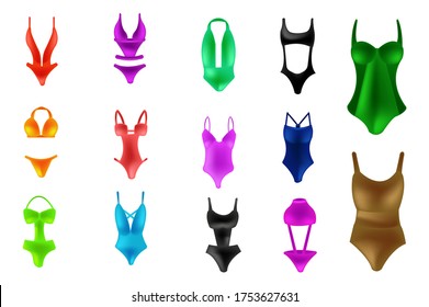 Ilustración vectorial de trajes de baño de moda. Varios tipos de ropa de playa para chicas. Modelos modernos y retro