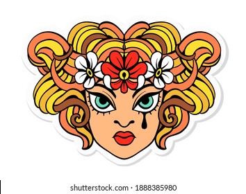 Vector illustration. Fashionable tattoo, sticker, t-shirt print. Cute face of a girl with curly hair and flowers on her head in vintage style.