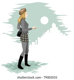 Vector illustration of a fashionable woman, with a city at the background