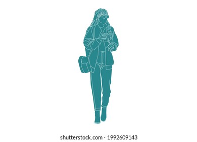 Vector illustration of fashionable woman on the sideroad with her coffee, Flat style with outline