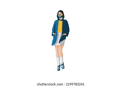 Vector Illustration Of Fashionable Women Walking With Mask