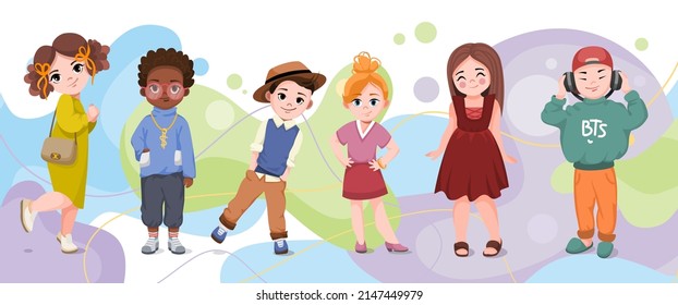 Vector illustration of fashionably dressed children on a colorful background.