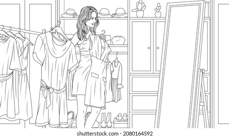 Vector illustration, fashionista trying on outfits, coloring book