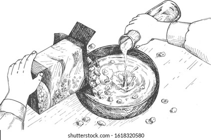 Vector illustration of fast breakfast cooking process. Hands pouring milk from bottle into corn flakes or oat porridge in bowl. Vintage hand drawn style.