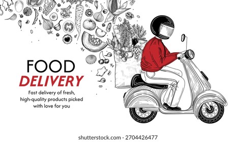Ilustración vectorial de entrega rápida. El repartidor lleva consigo un paquete de productos alimenticios saludables. Anuncio para tiendas sobre entrega de alimentos