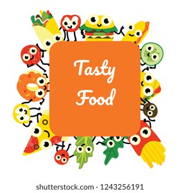 Vector illustration fast food banner various full meals and vegetable ingredients cartoon characters with cute smiling faces around square copy space in flat style isolated on white background.