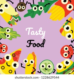 Vector illustration of fast food border frame on square banner with tasty full meals and vegetable ingredients cartoon characters with cute smiling faces in flat style on violet background.
