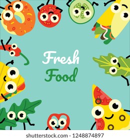 Vector illustration of fast food border frame on square banner with fresh full meals and vegetables cartoon characters with cute smiling faces on green background in flat style.