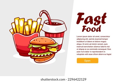 Vector illustration of fast food food in cartoon style and lettering: french fries, soda, burger.