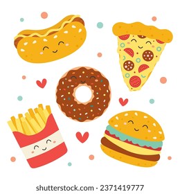 vector illustration of fast food characters, cute picture with cartoon slice of pizza, burger, hot dog, french fries and donut