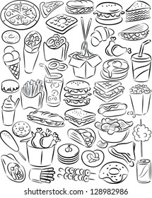 vector illustration of fast food collection in line art mode