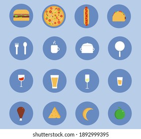 Vector illustration of fast food, cutlery, drinks and food icons.