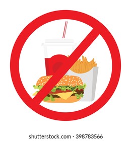 Vector illustration fast food danger label. No food allowed symbol, isolated on white background. Prohibition sign.