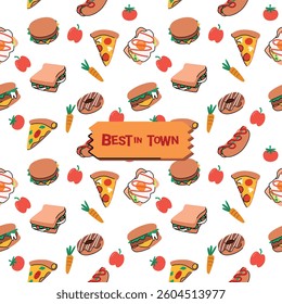 A vector illustration of fast food in a doodle-style icon set, featuring hand-drawn lines with a playful and slightly rough appearance.