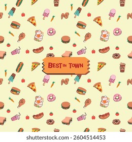A vector illustration of fast food in a doodle-style icon set, featuring hand-drawn lines with a playful and slightly rough appearance.