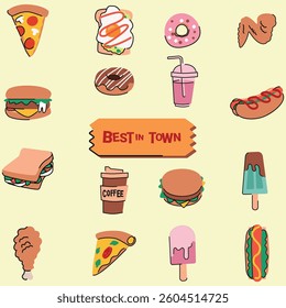 A vector illustration of fast food in a doodle-style icon set, featuring hand-drawn lines with a playful and slightly rough appearance.