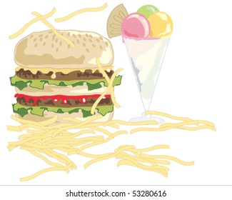 vector illustration of fast food with double cheese burger french fries and ice cream dessert