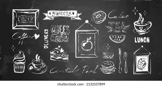 Vector illustration of fast food elements, logo and labels, frames, decorations, handwritten words, decoration for cafe menu on chalkboard. Chalk texture on blackboard.