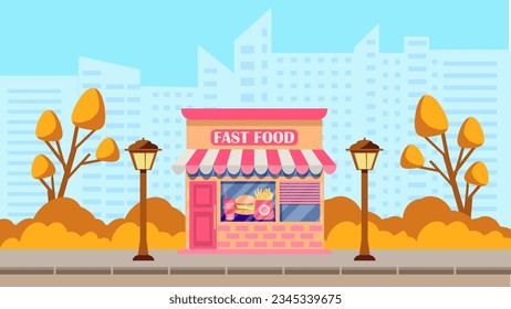 Vector illustration of a fast food. exterior facade of the store building in the autumn city. The facade of a a fast food store. Vector illustration in flat cartoon style.
