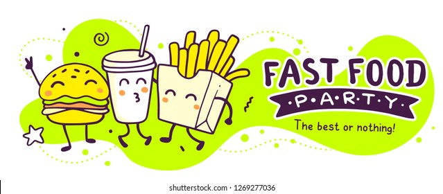 Vector illustration of fast food friend. Happy french fries, cola, burger character on green background with text. Line art style design for web, banner, print