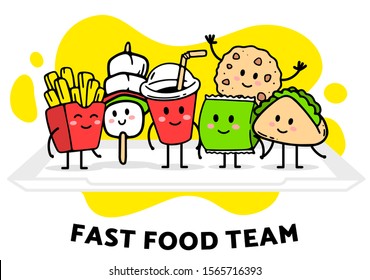 Vector Illustration Of Fast Food Friend On White Background. Happy French Fries, Cola, Snack Character Standing Together On Tray. Line Art Style Design For Web, Site, Banner, Poster Print