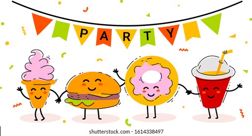 Vector illustration of fast food friend with flag garland. Happy cola, burger, ice cream, donut character together on white background. Flat line art style design for web, party banner, greeting card