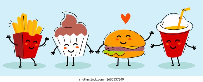 Vector illustration of fast food friend with heart. Happy french fries, cupcake, cola, burger character together on blue background. Flat line art style design for web, site, banner, print